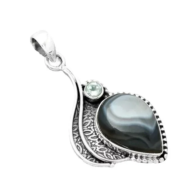 Banded Black Agate & Blue Topaz Solid 925 Sterling Silver Pendant - Picture 2 of 3
